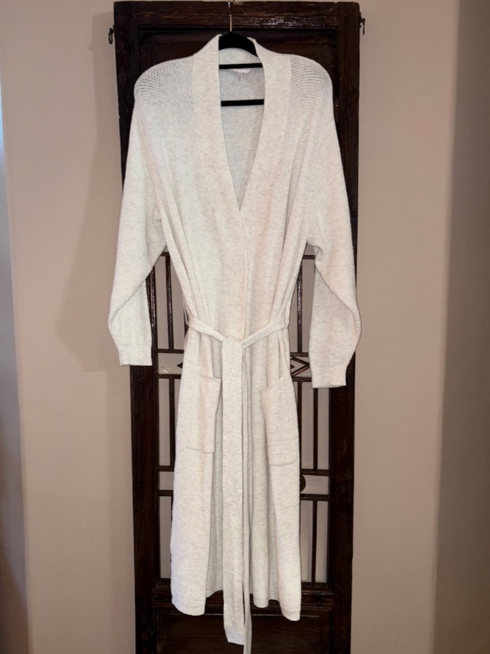 Tall Pottery Barn Knit Robe Large Heathered Grey Waffle Pockets Belt Loungewear